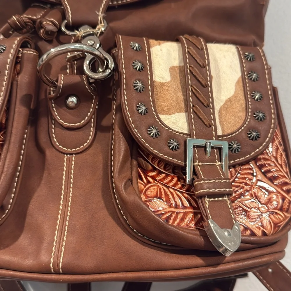 Cream and Brown Genuine Cowhide Leather Western Backpack with Rustic Charm